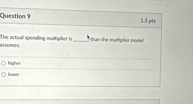 The actual spending multiplier is _than the multiplier model
assumes.
higher
lower