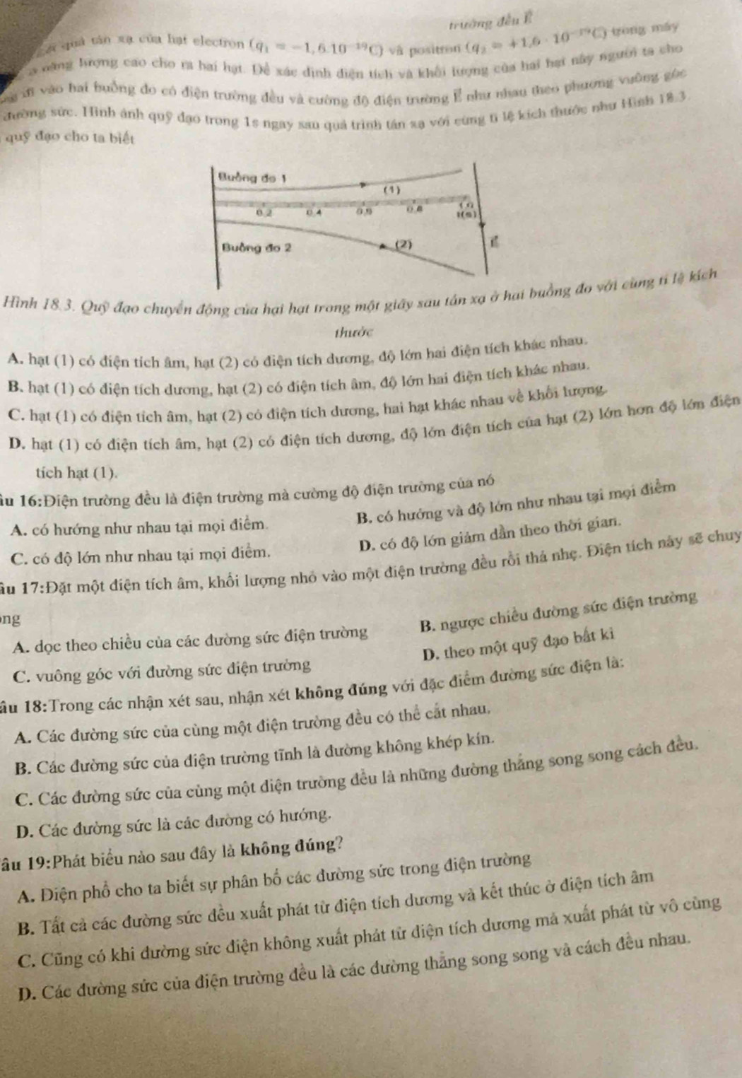 trường đều É
Lá quả tân xạ của hạt electron (q_1=-1,6.10^(-19)C) và positron (q_2=+1.6· 10^(-r9)C) tōng máy
a năng hượng cao cho ra hai hại. Để xác định điện tích và khối lượng của hai hại này người ta cho
o đi vào hai huồng đo có điện trường đều và cường độ điện trường E như nhau theo phương vưỡng góc
zhường sức. Hình ảnh quỹ đạo trong 1s ngay xau quả trình tán xạ với cùng tì lệ kích thước như Hình 18.3.
quỹ đạo cho ta biết
thước
A. hạt (1) có điện tích âm, hạt (2) có điện tích dương, độ lớn hai điện tích khác nhau.
B. hạt (1) có điện tích dương, hạt (2) có điện tích âm, độ lớn hai điện tích khác nhau.
C. hạt (1) có điện tích âm, hạt (2) có điện tích dương, hai hạt khác nhau về khổi lượng
D. hạt (1) có điện tích âm, hạt (2) có điện tích dương, độ lớn điện tích của hạt (2) lớn hơn độ lớn điện
tich hat (1).
ầu 16:Điện trường đều là điện trường mà cường độ điện trường của nó
B. có hướng và độ lớn như nhau tại mọi điểm
A. có hướng như nhau tại mọi điểm
D. có độ lớn giảm dần theo thời gian.
C. có độ lớn như nhau tại mọi điểm.
àu 17:D Mặt một điện tích âm, khổi lượng nhỏ vào một điện trường đều rồi thả nhẹ. Điện tích này sẽ chuy
ng
A. dọc theo chiều của các đường sức điện trường B. ngược chiều đường sức điện trường
D. theo một quỹ đạo bắt ki
C. vuông góc với đường sức điện trường
ầu 18:Trong các nhận xét sau, nhận xét không đúng với đặc điểm đường sức điện là:
A. Các đường sức của cùng một điện trường đều có thể cắt nhau,
B. Các đường sức của điện trường tĩnh là đường không khép kín.
C. Các đường sức của củng một diện trường đều là những đường thắng song song cách đều,
D. Các đường sức là các đường có hướng.
Tâu 19:Phát biểu nào sau đây là không đúng?
A. Điện phổ cho ta biết sự phân bố các đường sức trong điện trường
B. Tất cả các đường sức đều xuất phát từ điện tích dương và kết thúc ở điện tích âm
C. Cũng có khi đường sức điện không xuất phát từ điện tích dương mả xuất phát từ vô cùng
D. Các đường sức của điện trường đều là các đường thẳng song song và cách đều nhau.