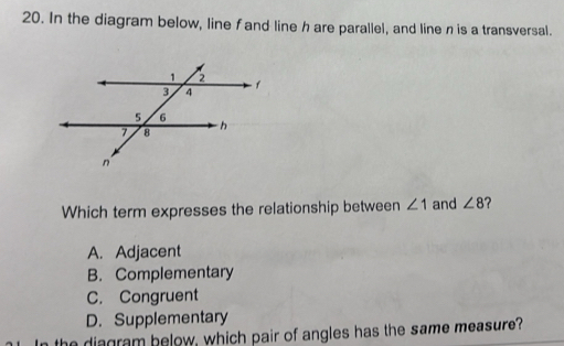 Solved: In the diagram below, line fand line h are parallel, and line n ...
