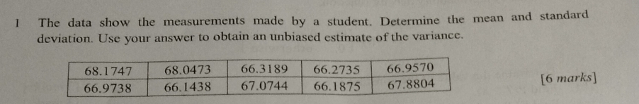 The data show the measurements made by a student. Determine the mean and standard 
deviation. Use your answer to obtain an unbiased estimate of the variance. 
[6 marks]