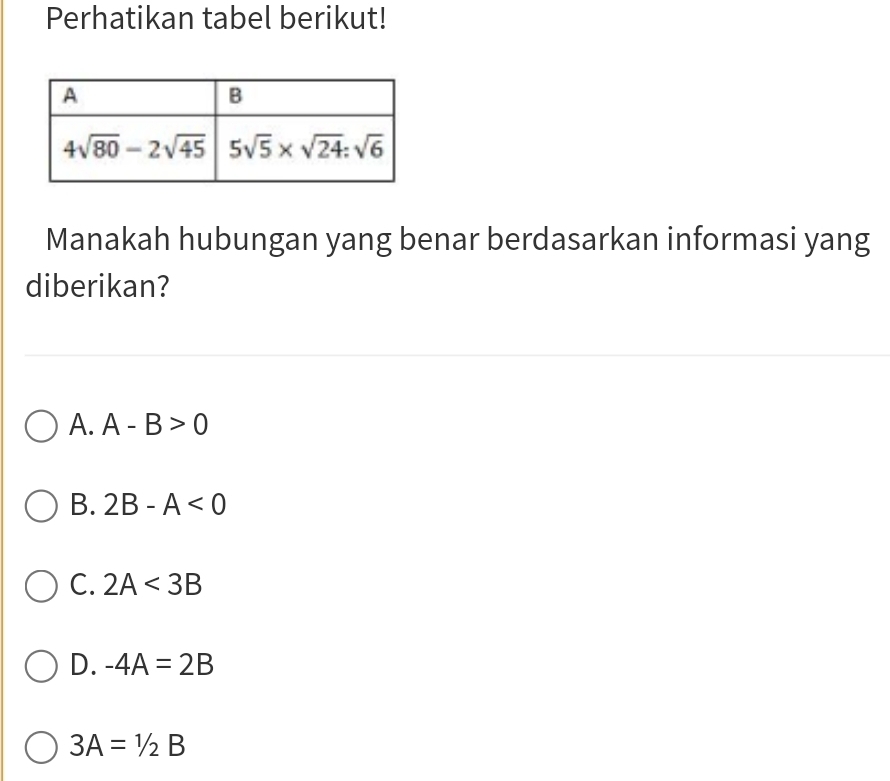 Perhatikan tabel berikut!
Manakah hubungan yang benar berdasarkan informasi yang
diberikan?
A. A-B>0
B. 2B-A<0</tex>
C. 2A<3B</tex>
D. -4A=2B
3A=1/2B