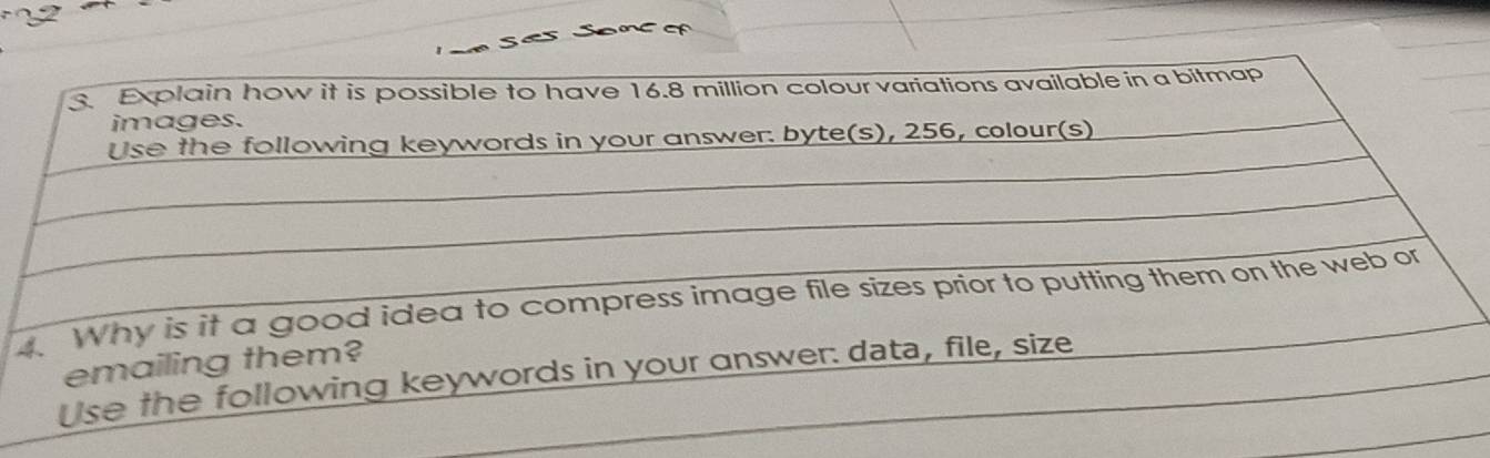 Sonco 
3. Explain how it is possible to have 16.8 million colour variations available in a bitmap 
images. 
Use the following keywords in your answer. byte(s), 256, colour(s) 
4. Why is it a good idea to compress image file sizes prior to putting them on the web or 
emailing them? 
Use the following keywords in your answer: data, file, size