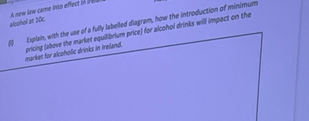 A new law came into effect in Irel 
alcohol at 10c. 
(1) Explain, with the use of a fully labelled diagram, how the introduction of minimum 
pricing (above the market equilibrium price) for alcohol drinks will impact on the 
market for alcoholic drinks in Ireland,