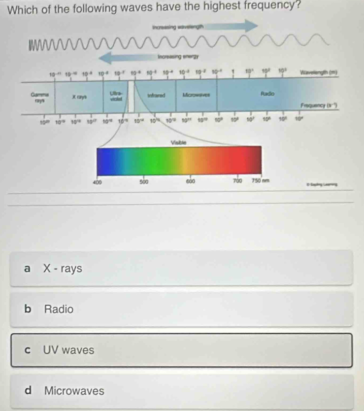 Which of the following waves have the highest frequency?
a x- rays
b Radio
c UV waves
d Microwaves