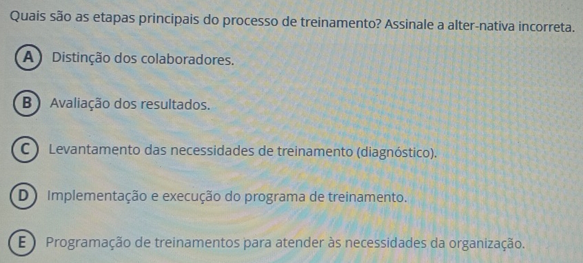 Quais são as etapas principais do processo de treinamento? Assinale a alter-nativa incorreta.
A Distinção dos colaboradores.
B ) Avaliação dos resultados.
C ) Levantamento das necessidades de treinamento (diagnóstico).
D) Implementação e execução do programa de treinamento.
E ) Programação de treinamentos para atender às necessidades da organização.