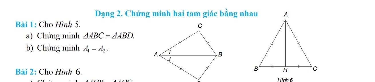 Dạng 2. Chứng minh hai tam giác bằng nhau 
Bài 1: Cho Hình 5. 
a) Chứng minh △ ABC=△ ABD. 
b) Chứng minh A_1=A_2. 
Bài 2: Cho Hình 6. 
Hình 6