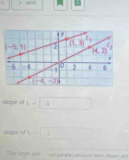 ( > NEXT
slope of l_1= frac □ (□)^ x_1+x_2= □ /□  
beginpmatrix □
slope of l_2- 2
The lines are noi parallsl beçause thar slopes are