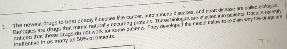 The newest drugs to treat deadly illnesses like cancer, autoimmune diseases, and heart disease are called biologics. 
Biologics are drugs that mimic naturally occurring proteins. These biologics are injected into patients. Doctors recently 
noticed that these drugs do not work for some patients. They developed the model below to explain why the drugs are 
ineffective in as many as 50% of patients.