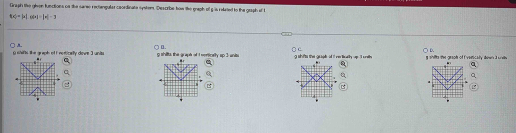 Graph the given functions on the same rectangular coordinate system. Describe how the graph of g is related to the graph of f
f(x)=|x|.g(x)=|x|-3
A.
B.
) C.
) D.
g shifts the graph of f vertically down 3 units g shifts the graph of f vertically up 3 units g shifts the graph of f vertically up 3 units g shifts the graph of f vertically down 3 units
y