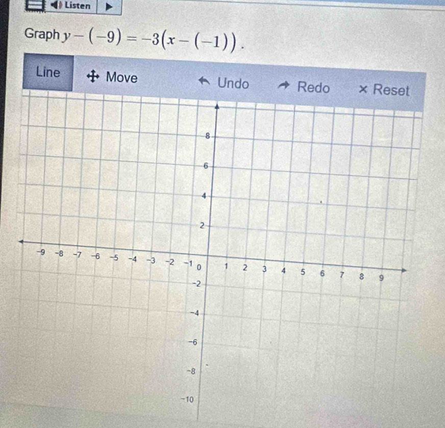 Listen 
Graph y-(-9)=-3(x-(-1)). 
Line Move 
Undo