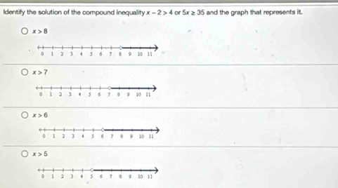 Identify the solution of the compound inequality x-2>4 or 5x≥ 35 and the graph that represents it.
x>8
x>6
x>5