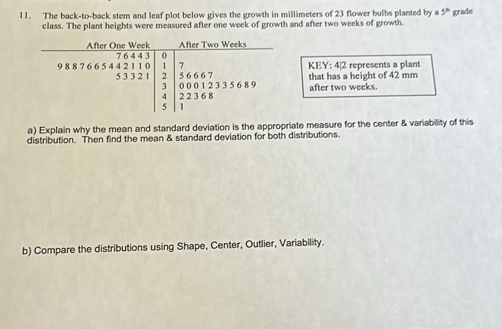 The back-to-back stem and leaf plot below gives the growth in millimeters of 23 flower bulbs planted by a 5^(th) grade 
class. The plant heights were measured after one week of growth and after two weeks of growth. 
After One Week After Two Weeks
KEY: 4| 2 represents a plant 
that has a height of 42 mm
beginarrayr 7644310 988766544321endarray beginarrayr 0 36666666 40001 511endarray 8
2 3 3 5 6 8 9 after two weeks. 
a) Explain why the mean and standard deviation is the appropriate measure for the center & variability of this 
distribution. Then find the mean & standard deviation for both distributions. 
b) Compare the distributions using Shape, Center, Outlier, Variability.