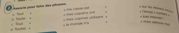 Associe pour faire des phrases.
a. Tout . ma classe est
sur les réseaux sociaux l'émoji « content » 
mes copains ont
b. Toute
mes copines utilisent
pas internet !
mon adresse mail.
c. Tous
d. Toutes le monde n'a