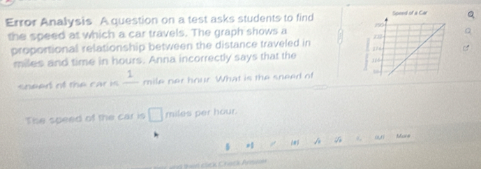 Error Analysis A question on a test asks students to find 
the speed at which a car travels. The graph shows a 
proportional relationship between the distance traveled in
miles and time in hours. Anna incorrectly says that the 
sneed of the car is frac 1 mile ner hour What is the sneed of 
The speed of the car is □ miles per hour. 
5 # w 4 () Mare