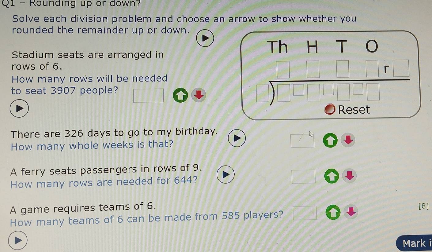 Solved: Rounding up or down? Solve each division problem and choose an ...