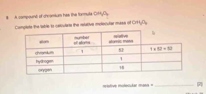 A compound of chromium has the formula CrH_2O_8.
Complete the table to calculate the relative molecular mass of CrH_2O_8
relative molecular mass= _[2]