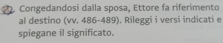 a Congedandosi dalla sposa, Ettore fa riferimento 
al destino (vv. 486-489). . Rileggi i versi indicati e 
spiegane il significato.