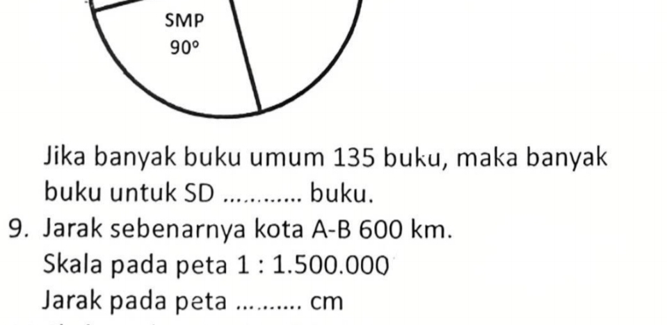 SMP
90°
Jika banyak buku umum 135 buku, maka banyak 
buku untuk SD ........... buku. 
9. Jarak sebenarnya kota A-B 600 km. 
Skala pada peta 1:1.500.000
Jarak pada peta …….. cm