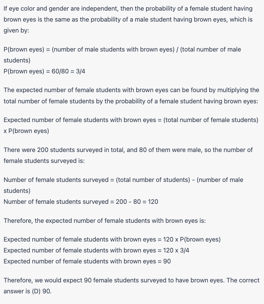 Solved: Ali surveyed 200 students at a school and recorded the eye ...