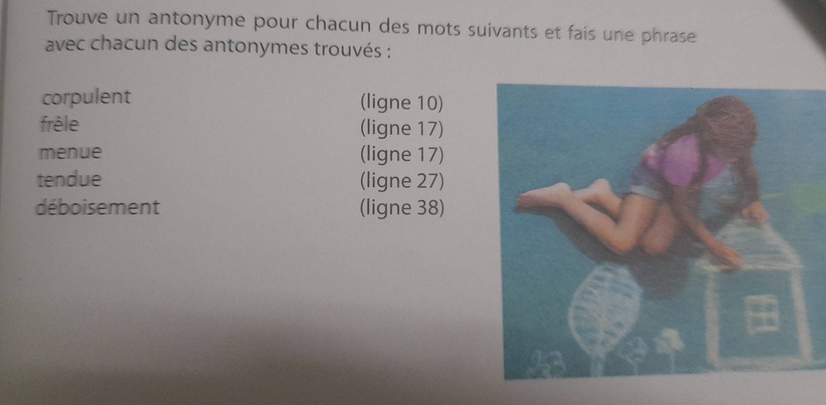 Trouve un antonyme pour chacun des mots suivants et fais une phrase 
avec chacun des antonymes trouvés : 
corpulent (ligne 10) 
frêle (ligne 17) 
menue (ligne 17) 
tendue (ligne 27) 
déboisement (ligne 38)