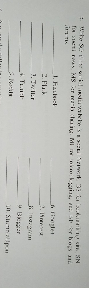 Write SO if the social media website is a social Network, BS for bookmarking site, SN 
for social news, MS for media sharing, MI for microblogging, and BF for blogs and 
forums. 
_1. Facebook _6. Google+ 
_2. Plurk _7. Pinterest 
_3. Twitter _8. Instagram 
_4. Tumblr _9. Blogger 
_5. Reddit _10. StumbleUpon