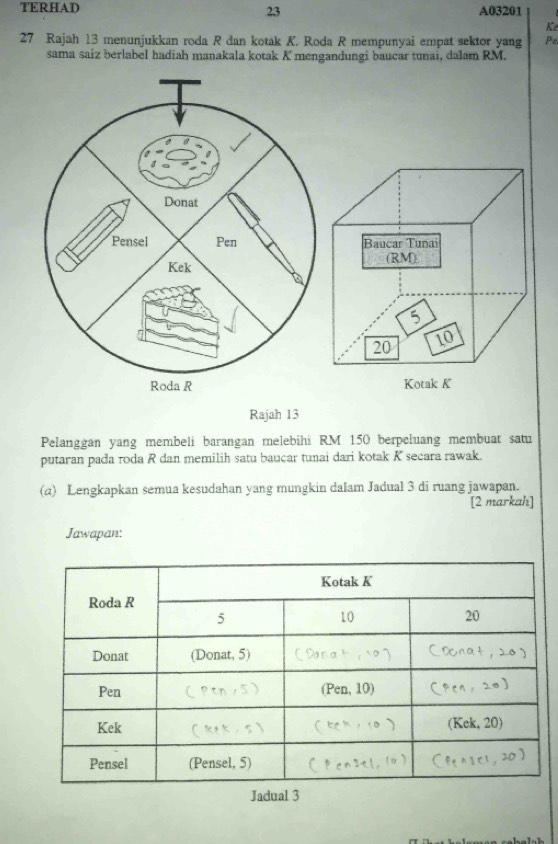 TERHAD A03201 
23 
Ke 
27 Rajah 13 menunjukkan roda R dan kotak K. Roda R mempunyai empat sektor yang Pe 
sama saiz berlabel hadiah manakala kotak K mengandungi baucar tunai, dalam RM. 
Rajah 13 
Pelanggan yang membeli barangan melebihi RM 150 berpeluang membuat satu 
putaran pada roda R dan memilih satu baucar tunai dari kotak K secara rawak. 
(a) Lengkapkan semua kesudahan yang mungkin dalam Jadual 3 di ruang jawapan. 
[2 markah] 
Jawapan: 
Jadual 3