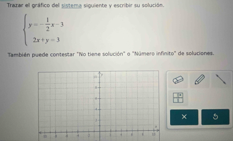 Trazar el gráfico del sistema siguiente y escribir su solución.
beginarrayl y=- 1/2 x-3 2x+y=3endarray.
También puede contestar "No tiene solución" o "Número infinito" de soluciones. 
v 
×