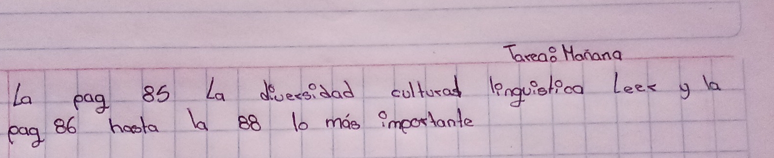 Tarea8 Hanana 
La pag 85 La diversdad coltorad lenguietica lees g la 
pag 86 hoota b 28 10 máe ?mectiante