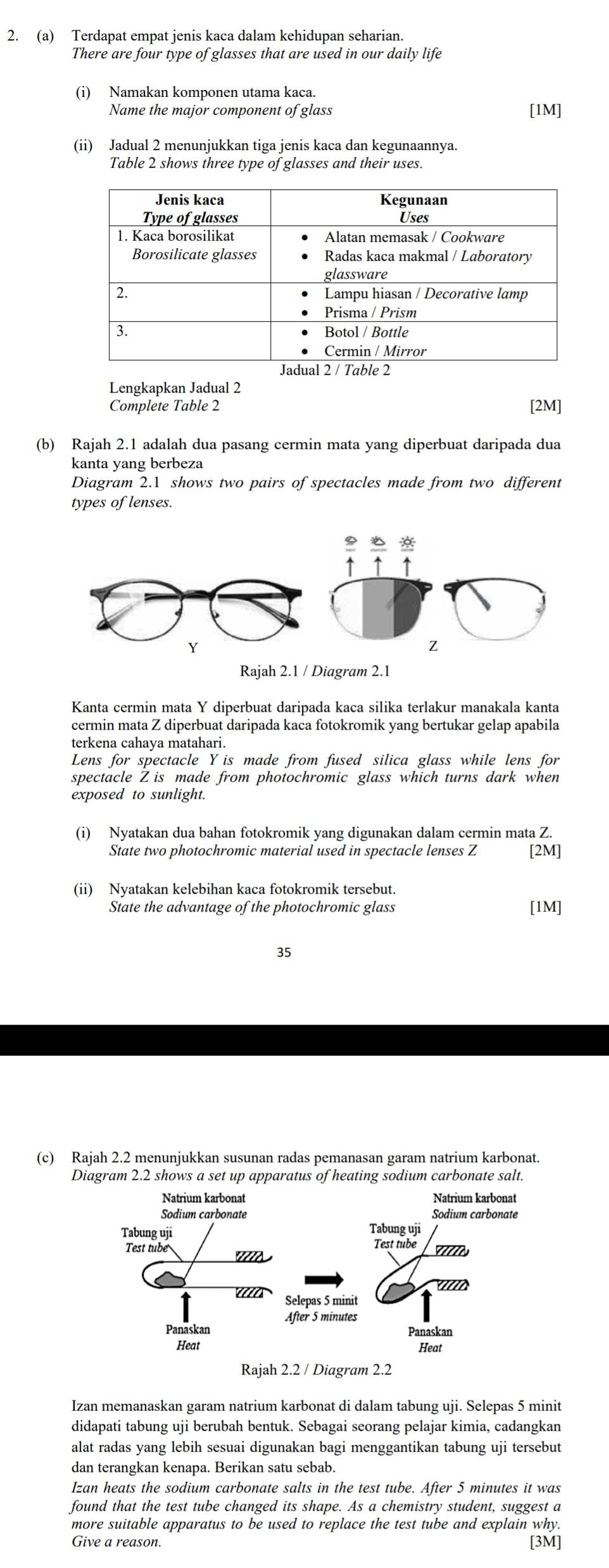 Terdapat empat jenis kaca dalam kehidupan seharian.
There are four type of glasses that are used in our daily life
(i) Namakan komponen utama kaca.
Name the major component of glass [1M]
(ii) Jadual 2 menunjukkan tiga jenis kaca dan kegunaannya.
Table 2 shows three type of glasses and their uses.
Lengkapkan Jadual 2
Complete Table 2 [2M]
(b) Rajah 2.1 adalah dua pasang cermin mata yang diperbuat daripada dua
kanta yang berbeza
Diagram 2.1 shows two pairs of spectacles made from two different
types of lenses.
Kanta cermin mata Y diperbuat daripada kaca silika terlakur manakala kanta
cermin mata Z diperbuat daripada kaca fotokromik yang bertukar gelap apabila
terkena cahaya matahari.
Lens for spectacle Y is made from fused silica glass while lens for
spectacle Z is made from photochromic glass which turns dark when
exposed to sunlight.
(i) Nyatakan dua bahan fotokromik yang digunakan dalam cermin mata Z.
State two photochromic material used in spectacle lenses Z [2M]
(ii) Nyatakan kelebihan kaca fotokromik tersebut.
State the advantage of the photochromic glass [1M]
35
(c) Rajah 2.2 menunjukkan susunan radas pemanasan garam natrium karbonat.
Diagram 2.2 shows a set up apparatus of heating sodium carbonate salt.
Izan memanaskan garam natrium karbonat di dalam tabung uji. Selepas 5 minit
didapati tabung uji berubah bentuk. Sebagai seorang pelajar kimia, cadangkan
alat radas yang lebih sesuai digunakan bagi menggantikan tabung uji tersebut
dan terangkan kenapa. Berikan satu sebab.
Izan heats the sodium carbonate salts in the test tube. After 5 minutes it was
found that the test tube changed its shape. As a chemistry student, suggest a
more suitable apparatus to be used to replace the test tube and explain why.
Give a reason. [3M]