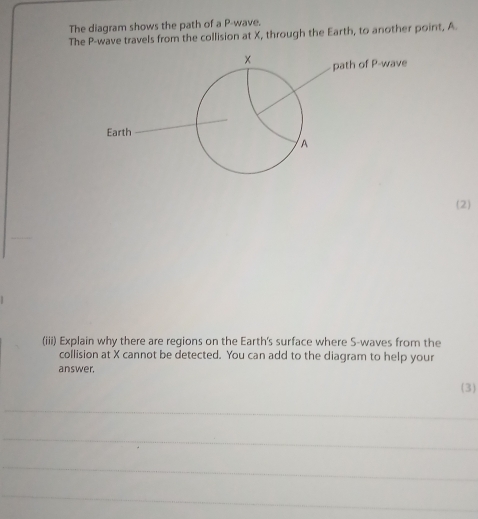 The diagram shows the path of a P -wave. 
The P -wave travels from the collision at X, through the Earth, to another point, A. 
(2) 
(iii) Explain why there are regions on the Earth's surface where S-waves from the 
collision at X cannot be detected. You can add to the diagram to help your 
answer. 
(3)