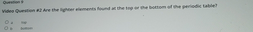 Video Question #2 Are the lighter elements found at the top or the bottom of the periodic table?
a top
b battom