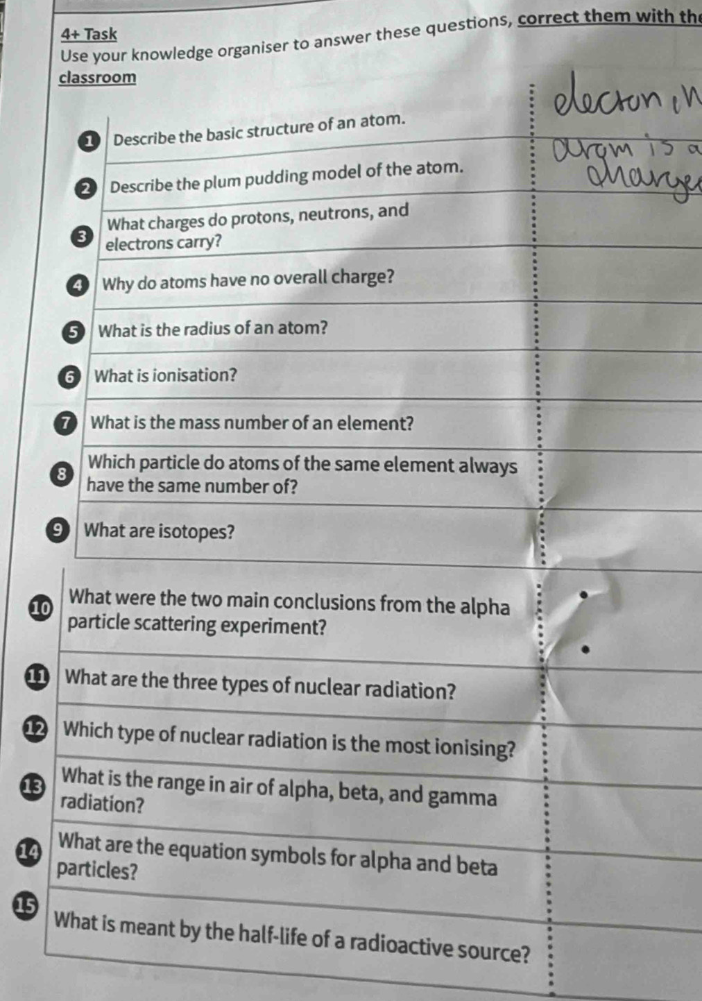 4+ Task 
Use your knowledge organiser to answer these questions, correct them with the 
classroom 
1 Describe the basic structure of an atom. 
2 Describe the plum pudding model of the atom. 
What charges do protons, neutrons, and 
3 electrons carry? 
Why do atoms have no overall charge? 
5 What is the radius of an atom? 
6 What is ionisation? 
7 What is the mass number of an element? 
Which particle do atoms of the same element always 
8 have the same number of? 
9 What are isotopes? 
10 What were the two main conclusions from the alpha 
particle scattering experiment? 
11 What are the three types of nuclear radiation? 
12 Which type of nuclear radiation is the most ionising? 
13 What is the range in air of alpha, beta, and gamma 
radiation? 
14 What are the equation symbols for alpha and beta 
particles? 
15 
What is meant by the half-life of a radioactive source?