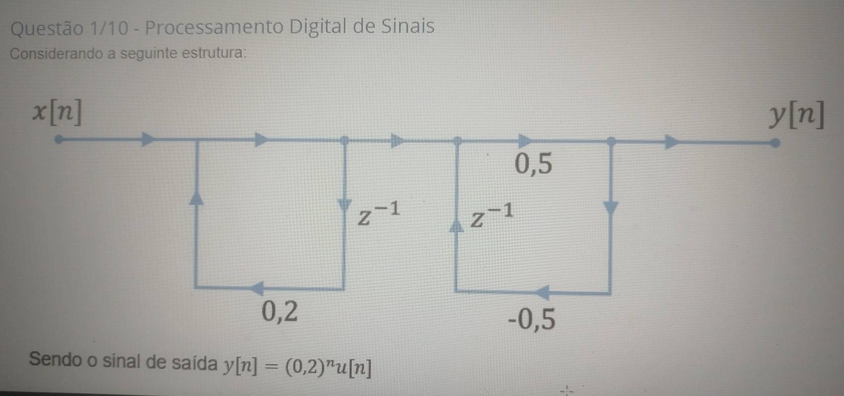 Questão 1/10 - Processamento Digital de Sinais
Considerando a seguinte estrutura:
Sendo o sinal de saída y[n]=(0,2)^nu[n]