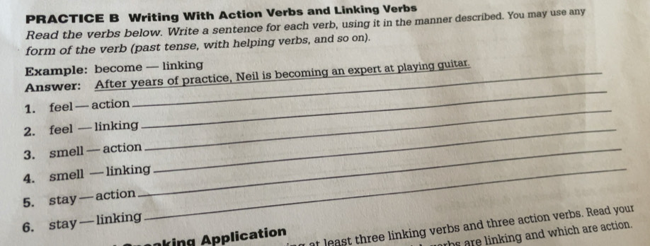 Solved: PRACTICE B Writing With Action Verbs and Linking Verbs Read the ...