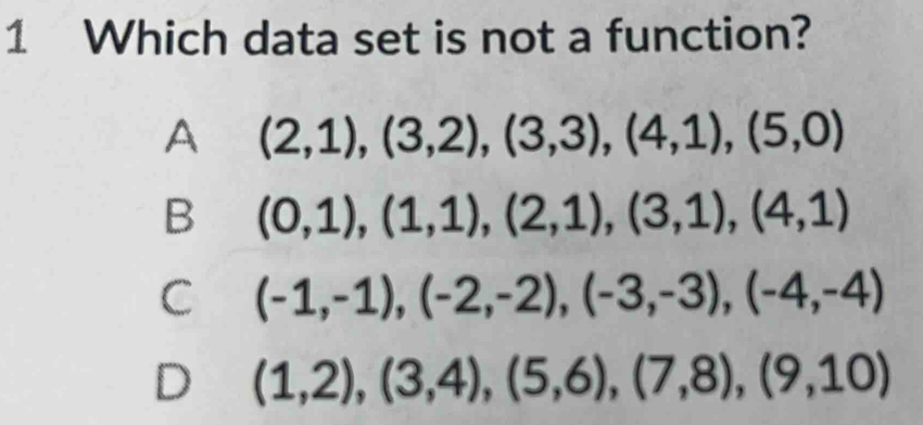 Which data set is not a function?
A (2,1), (3,2), (3,3),(4,1), (5,0)
B (0,1),(1,1),(2,1), (3,1), (4,1)
C (-1,-1), (-2,-2), (-3,-3), (-4,-4)
D (1,2),(3,4), (5,6), (7,8), (9,10)