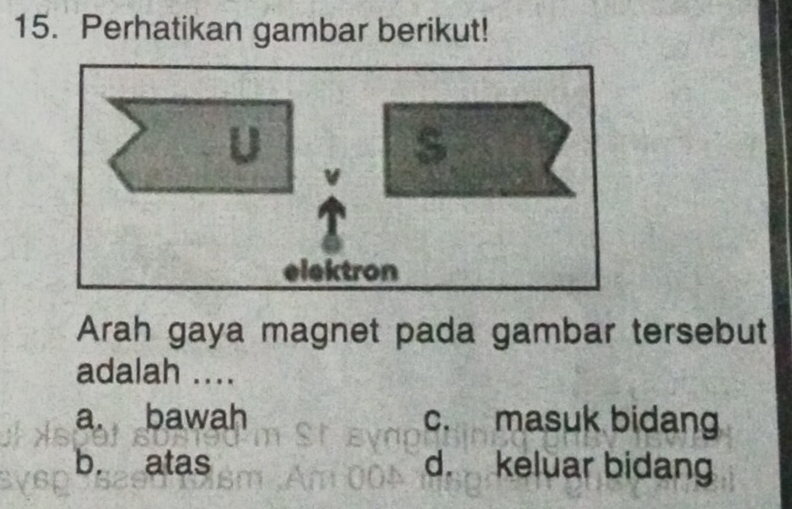 Perhatikan gambar berikut!
Arah gaya magnet pada gambar tersebut
adalah ....
a. bawah c. masuk bidang
b. atas d. keluar bidang