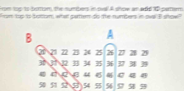 from top to boton, the numbes in oal A show an add 0 patem 
Fom top to boton, whal gatiem do fe cumben in qa B stav 
B 
A
20 21 22 23 24 25 26 1 27 28 29
31 31 32 33 34 35 36 37 38 39
4 47 4243 4 45 4 444
50 5152 554 55 56 5 559