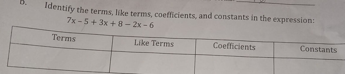 Identify the terms, like terms, coefficients, and constants in the expression:
7x-5+3x+8-2x-6