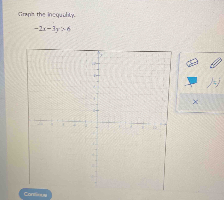 Graph the inequality.
-2x-3y>6
X
Continue