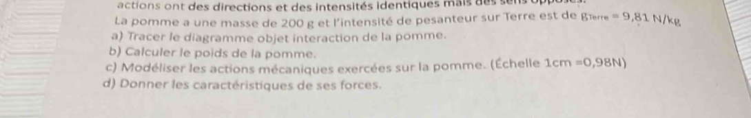 actions ont des directions et des intensités identiques mais des sens 
La pomme a une masse de 200 g et l'intensité de pesanteur sur Terre est de gre =9,81N/kg
a) Tracer le diagramme objet interaction de la pomme. 
b) Calculer le poids de la pomme. 
c) Modéliser les actions mécaniques exercées sur la pomme. (Échelle 1cm=0,98N)
d) Donner les caractéristiques de ses forces.