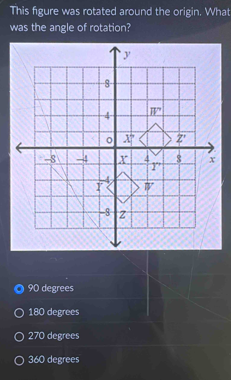 This figure was rotated around the origin. What
was the angle of rotation?
90 degrees
180 degrees
270 degrees
360 degrees