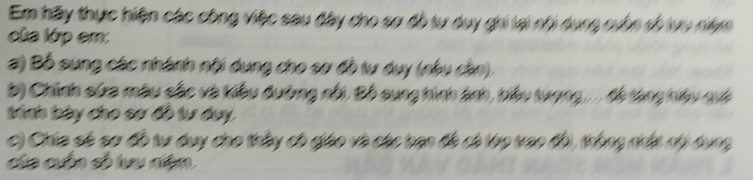 Em hãy thực hiện các công việc sau đây cho sợ đô tự duy ghi lại nhi dụng cựn số vu niam 
của lớp em: 
a) Bỗ sung các nhành nội dụng cho sơ đồ tư duy (nàu cân). 
b) Chính sửa màu sắc và kiểu đường nổi, Bộ sụng hình ảnh, biều tượng.... đà tăng hiệy qựa 
trình bày cho sơ đô tư duy, 
c) Chúa sẻ sơ đô tư duy cho thay có giáo và các bạn đà cá to tao tờ trong nhà cị dung 
của cuốn số lựu diện