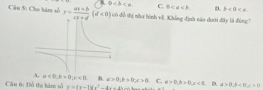 B. 0. C. 0. D. b<0<a. 
Câu 5: Cho hàm số y= (ax+b)/cx+d (d<0) có đồ thị như hình vẽ. Khẳng định nào dưới đây là đúng?
A. a<0</tex>; b>0; c<0</tex>. B. a>0; b>0; c>0. C. a>0; b>0; c<0</tex> D. a>0; b<0</tex>; c>0. 
Câu 6: Dhat o thị hàm số y=(x-1)(x^2-4x+4) có bao nhit