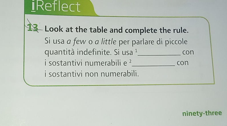 iReflect 
13 Look at the table and complete the rule. 
Si usa a few o a little per parlare di piccole 
quantità indefinite. Si usa¹_ con 
i sostantivi numerabili e 2 _ con 
i sostantivi non numerabili. 
ninety-three