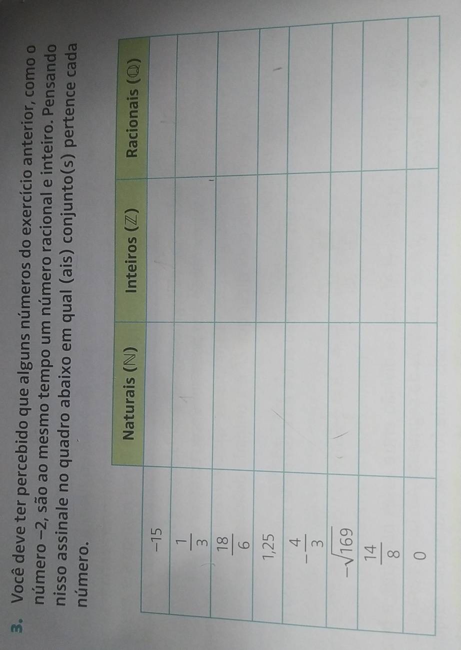 Você deve ter percebido que alguns números do exercício anterior, como o
número −2, são ao mesmo tempo um número racional e inteiro. Pensando
nisso assinale no quadro abaixo em qual (ais) conjunto(s) pertence cada
número.