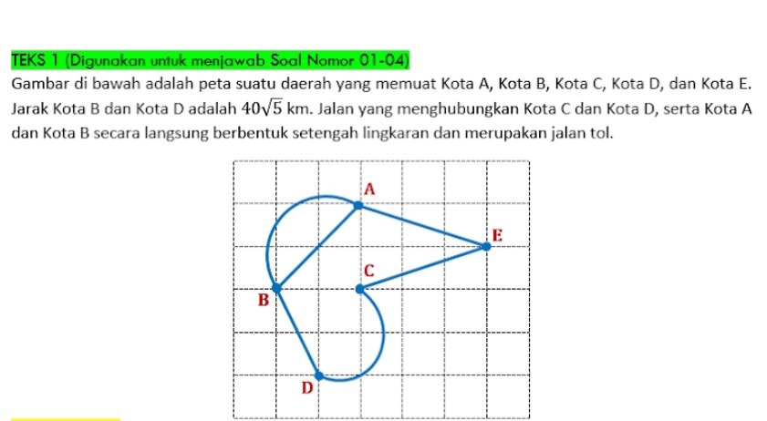 TEKS 1 (Digunakan untuk menjawab Soal Nomor 01-04) 
Gambar di bawah adalah peta suatu daerah yang memuat Kota A, Kota B, Kota C, Kota D, dan Kota E. 
Jarak Kota B dan Kota D adalah 40sqrt(5)km. Jalan yang menghubungkan Kota C dan Kota D, serta Kota A
dan Kota B secara langsung berbentuk setengah lingkaran dan merupakan jalan tol.