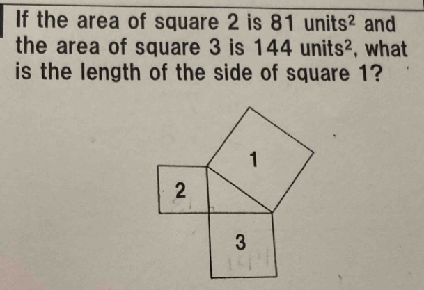 If the area of square 2 is 81 units^2 and 
the area of square 3 is 144units^2 , what 
is the length of the side of square 1?