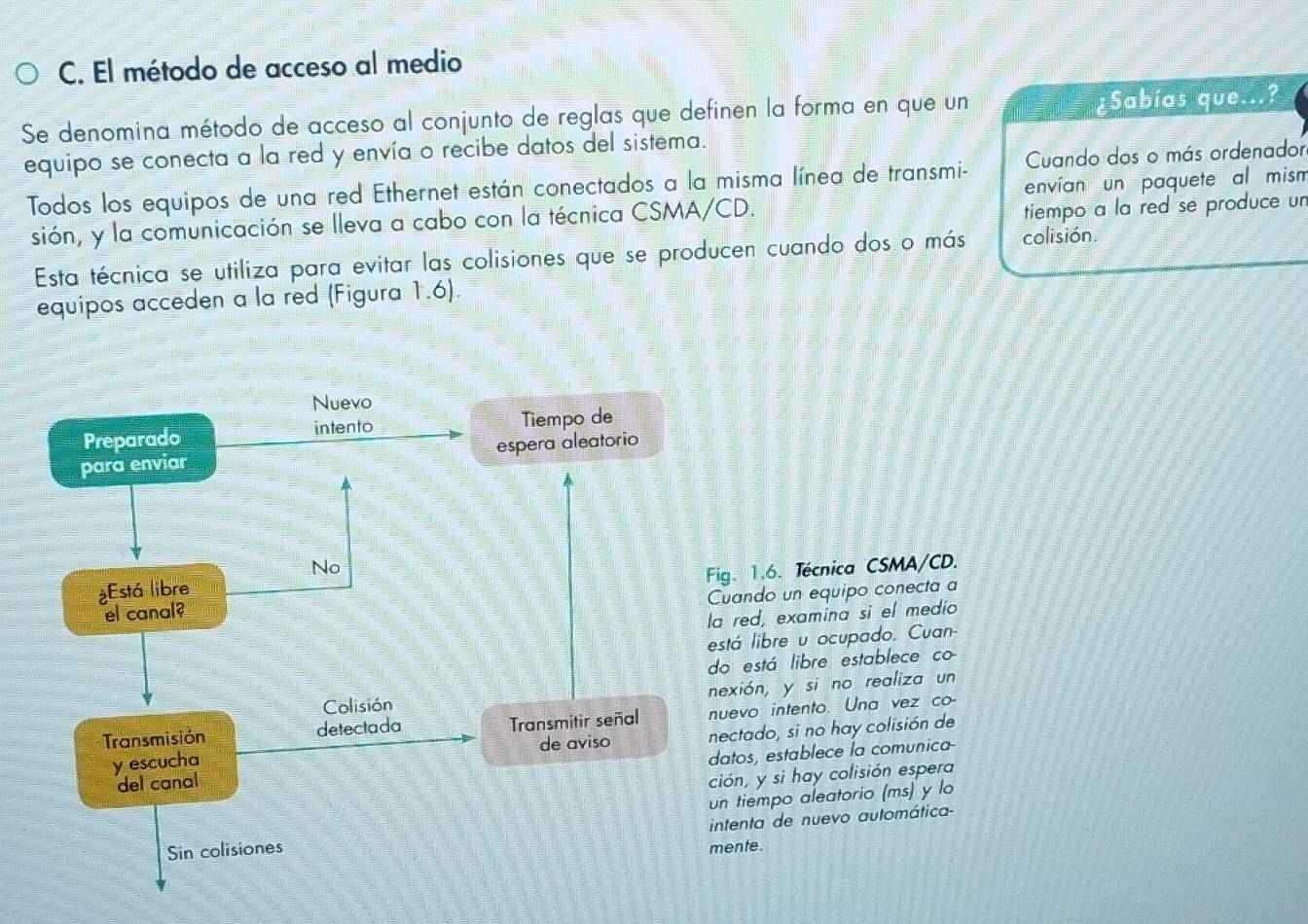 El método de acceso al medio 
Se denomina método de acceso al conjunto de reglas que definen la forma en que un ¿Sabías que...? 
equipo se conecta a la red y envía o recibe datos del sistema. 
Todos los equipos de una red Ethernet están conectados a la misma línea de transmi- Cuando dos o más ordenador 
tiempo a la red se produce ur 
sión, y la comunicación se lleva a cabo con la técnica CSMA/CD. envían un paquete al mism 
Esta técnica se utiliza para evitar las colisiones que se producen cuando dos o más colisión. 
equipos acceden a la red (Figura 1.6). 
Nuevo 
Preparado intento Tiempo de 
para enviar espera aleatorio 
No 
el canal? Fig. 1.6. Técnica CSMA/CD. 
Está libre 
Cuando un equipo conecta a 
la red, examina si el medio 
está libre u ocupado. Cuan- 
do está libre establece co 
Colisión nexión, y si no realiza un 
Transmisión detectada Transmitir señal nuevo intento. Una vez co- 
y escucha de aviso nectado, si no hay colisión de 
datos, establece la comunica 
del canal 
ción, y si hay colisión espera 
un tiempo aleatorio (ms) y lo 
Sin colisiones intenta de nuevo automática- 
mente.