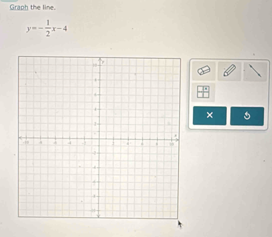 Graph the line.
y=- 1/2 x-4
× s