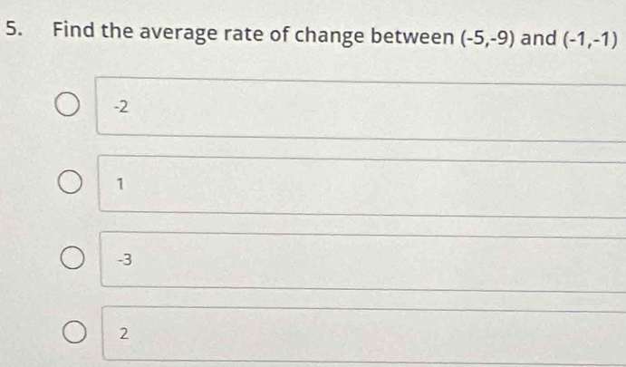 Find the average rate of change between (-5,-9) and (-1,-1)
-2
1
-3
2